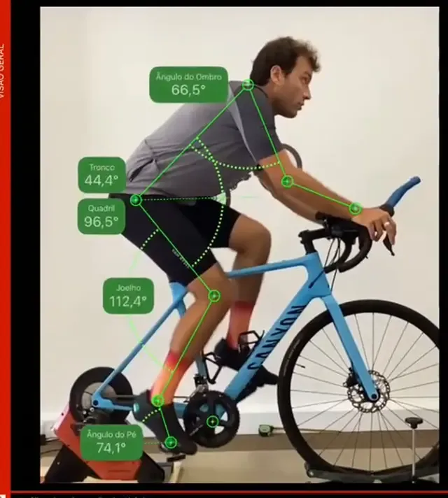 Análise em vídeo da pedalada com os ângulos do joelho, anca, tronco, ombro e pé, no estúdio VTR BIKE LAB, em Oeiras